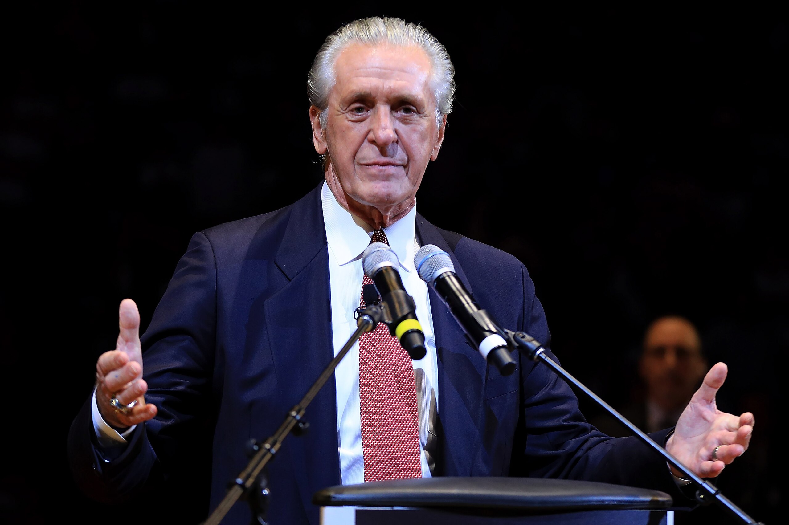MIAMI, FL - DECEMBER 22:  Miami Heat president Pat Riley speaks during a ceremony to honor Shaquille O'Neal as he has his number retired during a game between the Miami Heat and the Los Angeles Lakers at American Airlines Arena on December 22, 2016 in Miami, Florida. NOTE TO USER: User expressly acknowledges and agrees that, by downloading and or using this photograph, User is consenting to the terms and conditions of the Getty Images License Agreement.  (Photo by Mike Ehrmann/Getty Images)