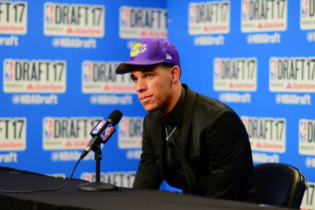BROOKLYN, NY - JUNE 22:   Lonzo Ball of the Las Angeles Lakers talks to the media after being the second overall pick at the 2017 NBA Draft on June 22, 2017 at Barclays Center in Brooklyn, New York. NOTE TO USER: User expressly acknowledges and agrees that, by downloading and or using this photograph, User is consenting to the terms and conditions of the Getty Images License Agreement. Mandatory Copyright Notice: Copyright 2017 NBAE (Photo by Stephen Pellegrino/NBAE via Getty Images)