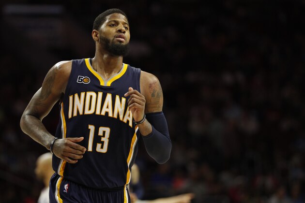 Indiana Pacers' Paul George in action during the second half of an NBA basketball game against the Philadelphia 76ers, Monday, April 10, 2017, in Philadelphia. The Pacers won 120-111. (AP Photo/Chris Szagola)