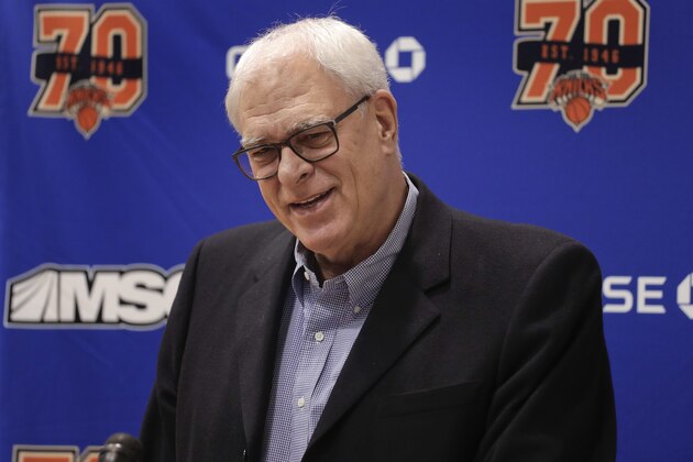 New York Knicks president Phil Jackson answers questions during a news conference at the team's training facility, Friday, April 14, 2017, in Greenburgh, N.Y. (AP Photo/Julie Jacobson)