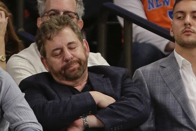 Madison Square Garden Chairman James Dolan, reacts during the second half of an NBA basketball game against the Phoenix Suns Saturday, Dec. 20, 2014, in New York. The Suns won the game 99-90. (AP Photo/Frank Franklin II)