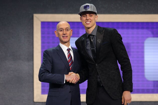 Jun 22, 2017; Brooklyn, NY, USA; Zach Collins (Gonzaga) is introduced by NBA commissioner Adam Silver as the number ten overall pick to the Sacramento Kings in the first round of the 2017 NBA Draft at Barclays Center. Mandatory Credit: Brad Penner-USA TODAY Sports