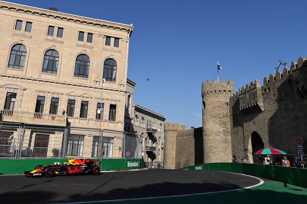 BAKU, AZERBAIJAN - JUNE 23: Max Verstappen of the Netherlands driving the (33) Red Bull Racing Red Bull-TAG Heuer RB13 TAG Heuer on track during practice for the Azerbaijan Formula One Grand Prix at Baku City Circuit on June 23, 2017 in Baku, Azerbaijan.  (Photo by Mark Thompson/Getty Images)