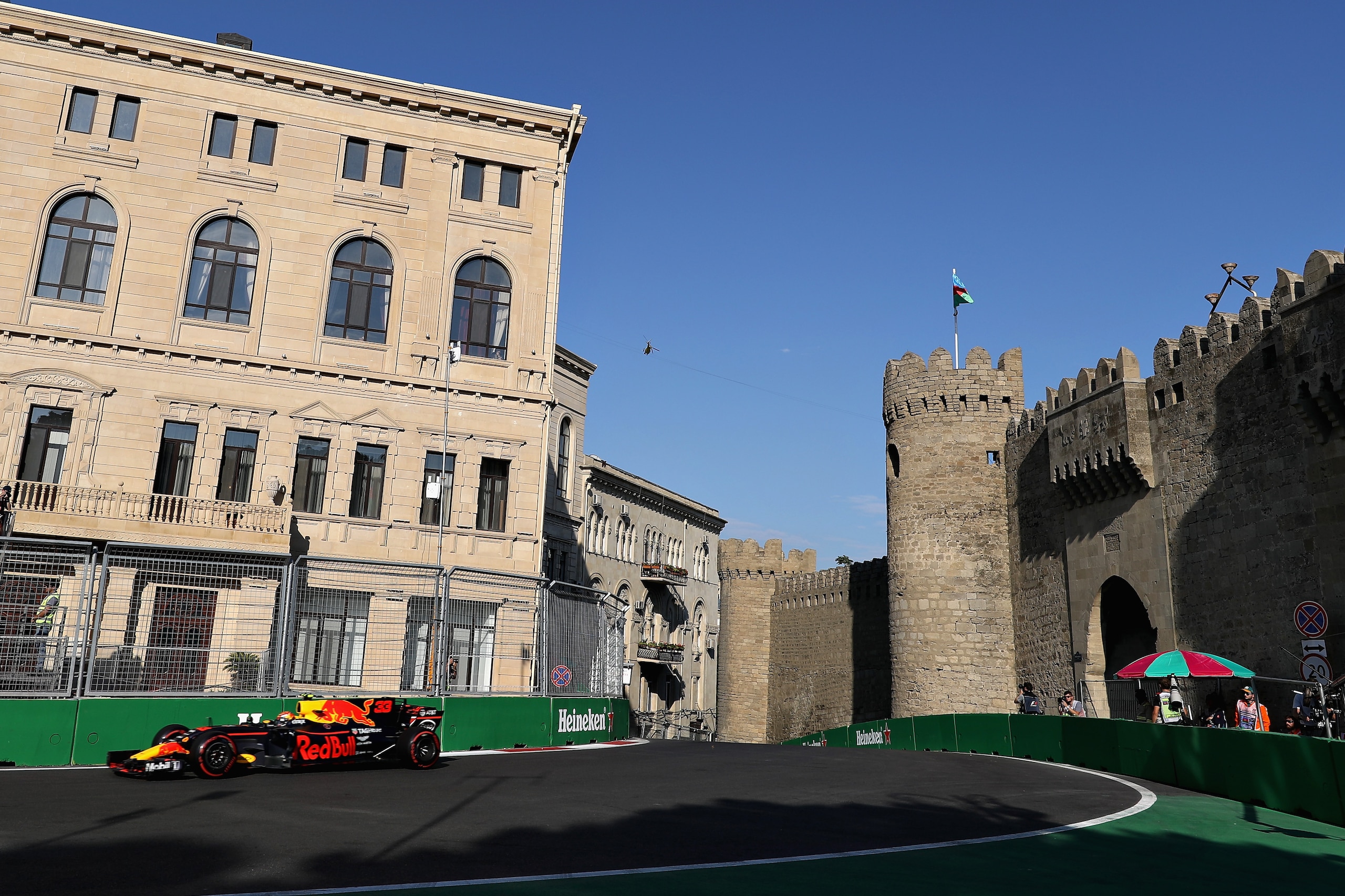 BAKU, AZERBAIJAN - JUNE 23: Max Verstappen of the Netherlands driving the (33) Red Bull Racing Red Bull-TAG Heuer RB13 TAG Heuer on track during practice for the Azerbaijan Formula One Grand Prix at Baku City Circuit on June 23, 2017 in Baku, Azerbaijan.  (Photo by Mark Thompson/Getty Images)