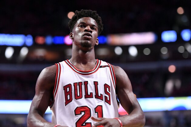 Apr 12, 2017; Chicago, IL, USA; Chicago Bulls forward Jimmy Butler (21) reacts during the first half against the Brooklyn Nets at the United Center. Mandatory Credit: Mike DiNovo-USA TODAY Sports