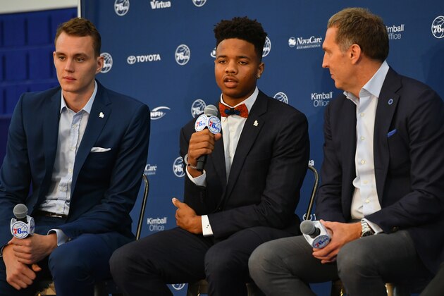 PHILADELPHIA, PA - JUNE 23:  The Philadelphia 76ers host a post draft press conference announcing new players Anzejs Pasecniks, Markelle Fultz, Jonah Bolden and Mathias Lessort at the Sixers Training Complex on June 23, 2017 in Camden, New Jersey. NOTE TO USER: User expressly acknowledges and agrees that, by downloading and or using this photograph, User is consenting to the terms and conditions of the Getty Images License Agreement. Mandatory Copyright Notice: Copyright 2017 NBAE (Photo by Jesse D. Garrabrant /NBAE via Getty Images)