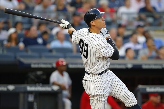 NEW YORK, NY - JUNE 22: Aaron Judge #99 of the New York Yankees hits a three-run home run against the Los Angeles Angels of Anaheim during the second inning of a game at Yankee Stadium on June 22, 2017 in New York City. (Photo by Rich Schultz/Getty Images)