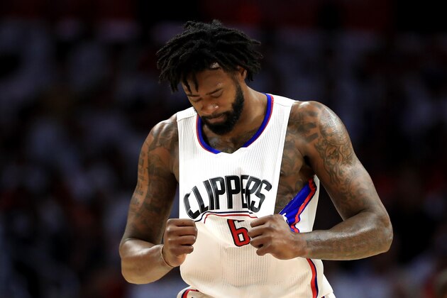 LOS ANGELES, CA - APRIL 30:  DeAndre Jordan #6 of the Los Angeles Clippers reacts to missing a free throw during the second half of Game Seven of the Western Conference Quarterfinals against the Utah Jazz at Staples Center at Staples Center on April 30, 2017 in Los Angeles, California.  NOTE TO USER: User expressly acknowledges and agrees that, by downloading and or using this photograph, User is consenting to the terms and conditions of the Getty Images License Agreement.  (Photo by Sean M. Haffey/Getty Images)