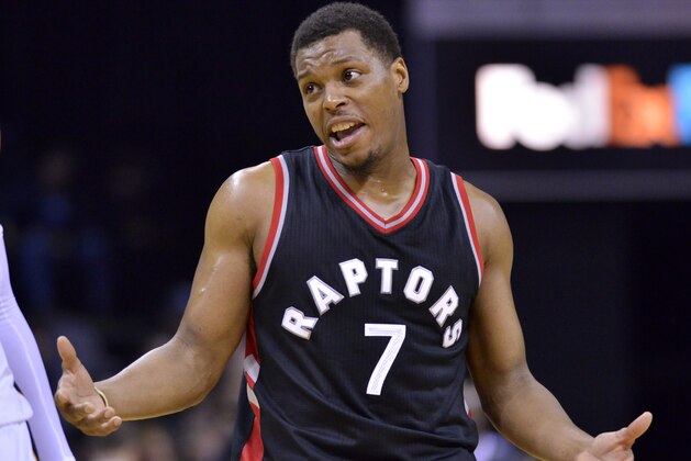 Toronto Raptors guard Kyle Lowry (7) reacts in the second half of an NBA basketball game against the Memphis Grizzlies Wednesday, Jan. 25, 2017, in Memphis, Tenn. (AP Photo/Brandon Dill)