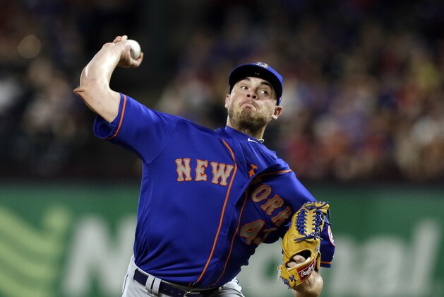 New York Mets relief pitcher Addison Reed (43) throws to the Texas Rangers in the ninth inning of a baseball game, Wednesday, June 7, 2017, in Arlington, Texas. (AP Photo/Tony Gutierrez)