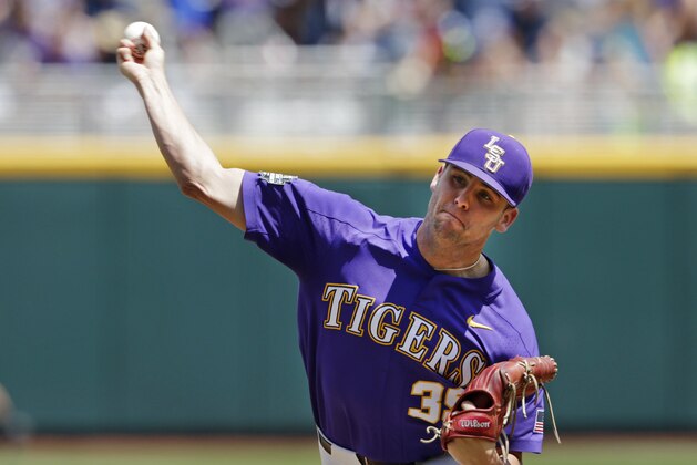 LSU pitcher Alex Lange delivers a pitch during the third inning of an NCAA College World Series baseball game against Oregon in Omaha, Neb., Friday, June 23, 2017. (AP Photo/Nati Harnik)
