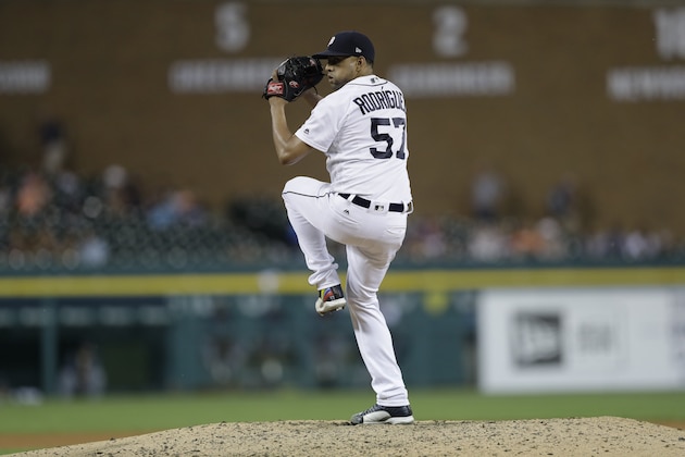 Detroit Tigers relief pitcher Francisco Rodriguez throws during the eighth inning of a baseball game against the Tampa Bay Rays, Thursday, June 15, 2017, in Detroit. (AP Photo/Carlos Osorio)
