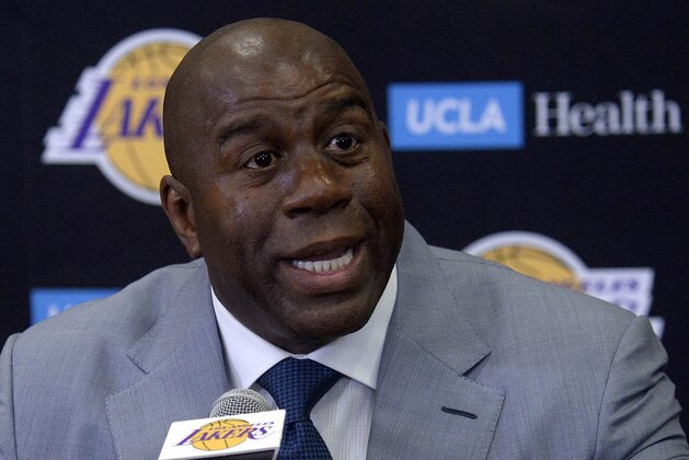 June 23, 2017; Los Angeles, CA, USA;  Los Angeles Lakers president of basketball operations Magic Johnson speaks to media before introducing newly drafted player Lonzo Ball at Toyota Sports Center. Mandatory Credit: Gary A. Vasquez-USA TODAY Sports
