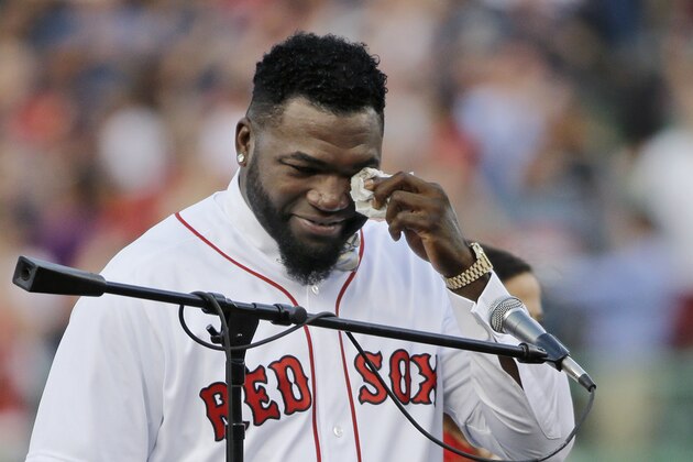 Boston Red Sox baseball great David Ortiz wipes a tear, Friday, June 23, 2017, at Fenway Park in Boston as the team retires his number Boston Red Sox baseball great David Ortiz wipes a tear, Friday, June 23, 2017, at Fenway Park in Boston as the team retires his number