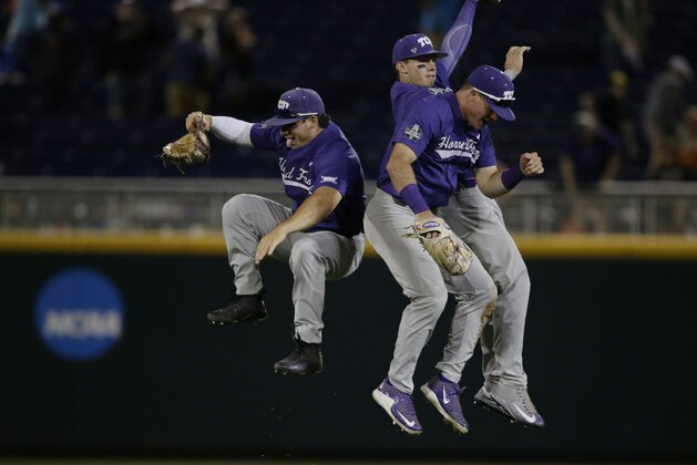 ADDS NAMES - TCU outfielders Josh Watson, left, Nolan Brown, back right and Austen Wade, front right, celebrate following the the team's NCAA College World Series baseball game against Florida in Omaha, Neb., Friday, June 23, 2017. TCU won 9-2. (AP Photo/Nati Harnik)