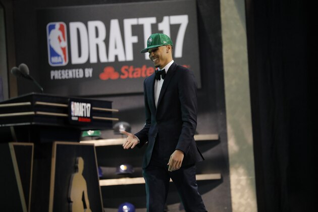 BROOKLYN, NY - JUNE 22:  Jayson Tatum is selected third overall by the Boston Celtics at the 2017 NBA Draft on June 22, 2017 at Barclays Center in Brooklyn, New York. NOTE TO USER: User expressly acknowledges and agrees that, by downloading and/or using this photograph, user is consenting to the terms and conditions of the Getty Images License Agreement. Mandatory Copyright Notice: Copyright 2017 NBAE (Photo by Jeyhoun Allebaugh/NBAE via Getty Images)