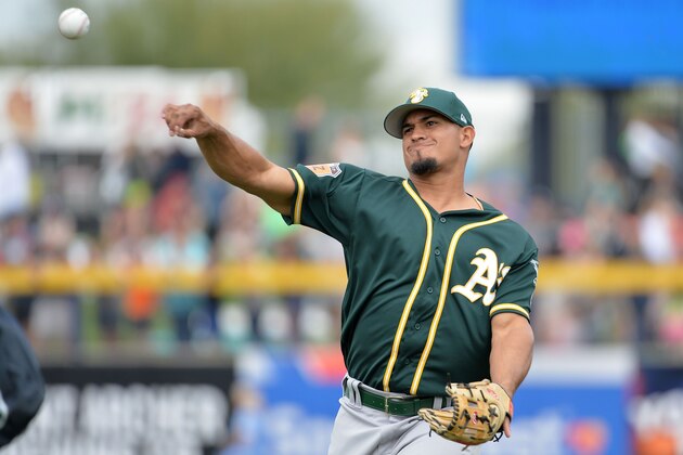 PEORIA, AZ - MARCH 05:  Franklin Barreto #1 of the Oakland Athletics warms up for the spring training game against the Seattle Mariners at Peoria Stadium on March 5, 2017 in Peoria, Arizona.  (Photo by Jennifer Stewart/Getty Images)