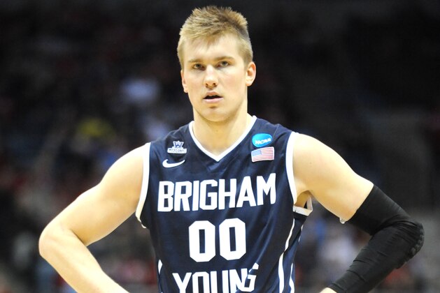 MILWAUKEE, WI - MARCH 20:  Eric Mika #00 of the Brigham Young Cougars looks on during the NCAA Men's Second Round Basketball Tournament against the Oregon Ducks on March 20, 2014 at the Bradley Center in Milwaukee, Wisconsin.  The Ducks won 87-68.  (Photo by Mitchell Layton/Getty Images)