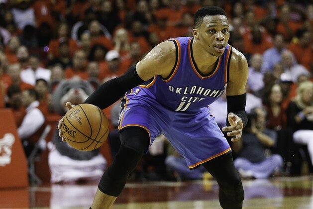 HOUSTON, TX - APRIL 25: Russell Westbrook #0 of the Oklahoma City Thunder brings the ball up the court against the Houston Rockets during Game Five of the Western Conference Quarterfinals game of the 2017 NBA Playoffs at Toyota Center on April 25, 2017 in Houston, Texas. NOTE TO USER: User expressly acknowledges and agrees that, by downloading and/or using this photograph, user is consenting to the terms and conditions of the Getty Images License Agreement.  (Photo by Bob Levey/Getty Images)