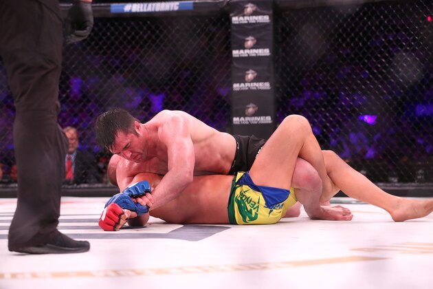 Jun 24, 2017; New York, NY, USA; Wanderlei Silva (red gloves) fights Chael Sonnen (blue gloves) during Bellator NYC at Madison Square Garden. Mandatory Credit: Ed Mulholland-USA TODAY Sports