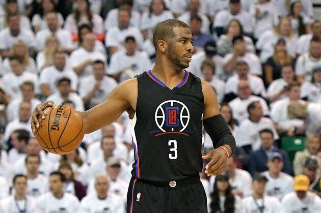 SALT LAKE CITY, UT - APRIL 28: Chris Paul #3 of the Los Angeles Clippers controls the ball in the second half against the Utah Jazz in Game Six of the Western Conference Quarterfinals during the 2017 NBA Playoffs at Vivint Smart Home Arena on April 28, 2017 in Salt Lake City, Utah. NOTE TO USER: User expressly acknowledges and agrees that, by downloading and or using this photograph, User is consenting to the terms and conditions of the Getty Images License Agreement. (Photo by Gene Sweeney Jr/Getty Images)