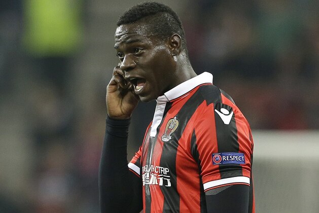 FILE- In this Thursday, Nov. 3, 2016 file photo, Nice's forward Mario Balotelli, of Italy, reacts during the Europa League group I soccer match between OGC Nice and FC Salzburg, in Nice stadium, southeastern France. Nice striker Mario Balotelli’s teammate Alassane Pleas has confirmed he heard Bastia supporters racially abusing Balotelli with monkey chants during the league match on Friday, Jan. 20, 2017. (AP Photo/Claude Paris, File)