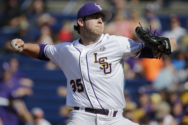 LSU pitcher Alex Lange delivers against Florida during the first inning of a Southeastern Conference college baseball tournament game Saturday, May 23, 2015, in Hoover, Ala. (AP Photo/Brynn Anderson)