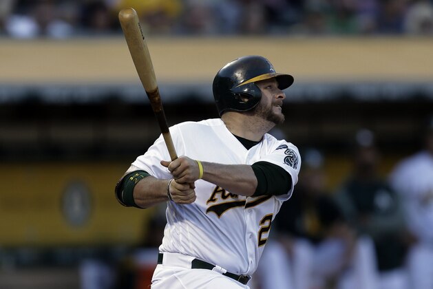 Oakland Athletics' Stephen Vogt swings for an RBI-double off New York Yankees' Luis Severino in the second inning of a baseball game Friday, June 16, 2017, in Oakland, Calif. (AP Photo/Ben Margot) Oakland Athletics' Stephen Vogt swings for an RBI-double off New York Yankees' Luis Severino in the second inning of a baseball game Friday, June 16, 2017, in Oakland, Calif. (AP Photo/Ben Margot)