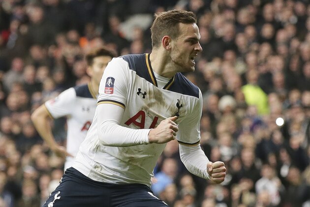 Tottenham's Vincent Janssen celebrates after scoring a penalty during the English FA Cup fourth round match between Tottenham Hotspur and Wycombe Wanderers at White Hart Lane in London, Saturday Jan. 28, 2017. (AP Photo/Tim Ireland)