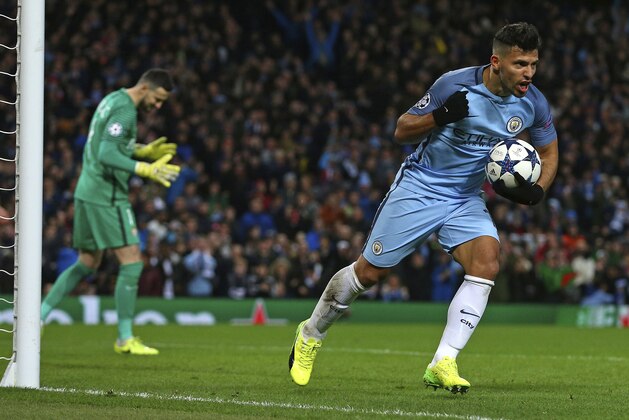 Manchester City's Sergio Aguero celebrates after scoring his side's second goal during the Champions League round of 16 first leg soccer match between Manchester City and Monaco at the Etihad Stadium in Manchester, England, Tuesday Feb. 21, 2017. (AP Photo/Dave Thompson)