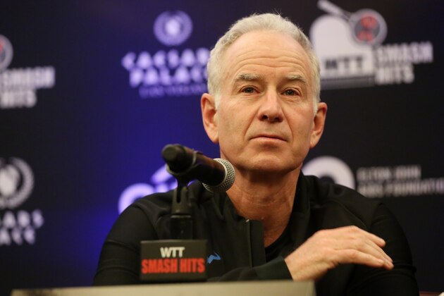 John McEnroe speaks to members of the media prior to a World Team Tennis exhibition Monday, Oct. 10, 2016, in Las Vegas. (AP Photo/Isaac Brekken)