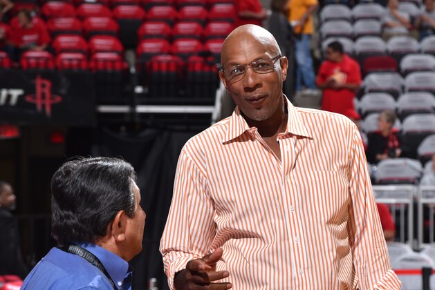 HOUSTON,TEXAS : NBA Legend Clyde Drexler of the Houston Rockets looks on prior to the game against the Los Angeles Clippers at the Toyota Center During the Second Round of the 2015 NBA Playoffs on May 4, 2015 in Houston,Texas NOTE TO USER: User expressly acknowledges and agrees that, by downloading and/or using this Photograph, user is consenting to the terms and conditions of the Getty Images License Agreement. Mandatory Copyright Notice: Copyright 2015 NBAE (Photo by Jesse D. Garrabrant/NBAE via Getty Images)