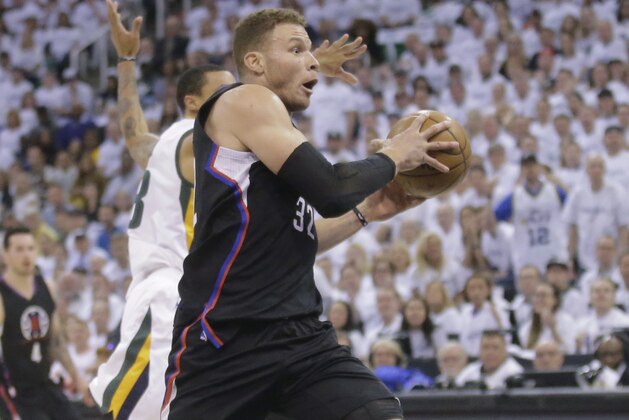 Los Angeles Clippers forward Blake Griffin (32) drives to the basket during the first half in Game 3 of an NBA basketball first-round playoff series against the Utah Jazz Friday, April 21, 2017, in Salt Lake City. (AP Photo/Rick Bowmer)