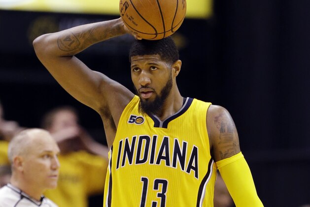 Indiana Pacers forward Paul George reacts as the Pacers lost the lead to the Cleveland Cavaliers during the second half of Game 3 of a first-round NBA basketball playoff series, Thursday, April 20, 2017, in Indianapolis. The Cavaliers defeated the Pacers 119-114. (AP Photo/Michael Conroy)