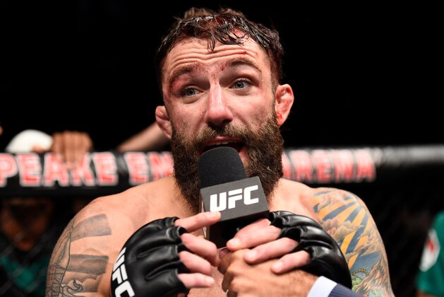 OKLAHOMA CITY, OK - JUNE 25:   Michael Chiesa reacts after his submission loss to Kevin Lee in their lightweight bout during the UFC Fight Night event at the Chesapeake Energy Arena on June 25, 2017 in Oklahoma City, Oklahoma. (Photo by Brandon Magnus/Zuffa LLC/Zuffa LLC via Getty Images)