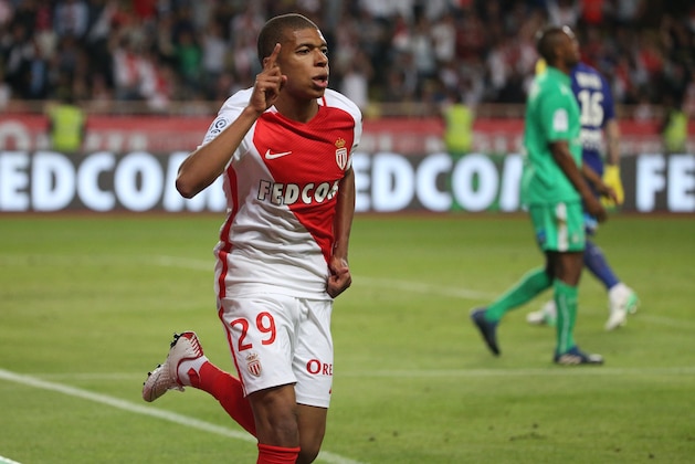 MONACO, MONACO - MAY 17: Kylian Mbappe of Monaco celebrates his goal during the French Ligue 1 match between AS Monaco and AS Saint-Etienne (ASSE) at Stade Louis II on May 17, 2017 in Monaco, Monaco. (Photo by Jean Catuffe/Getty Images)