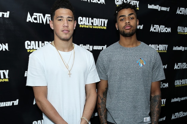 WOODLAND HILLS, CA - APRIL 18:  (L-R) Pro Basketball Players D'Angelo Russell and Devin Booker visit Infinity Ward for a 'Call of Duty: Infinite Warfare Continuum DLC' livestream on April 18, 2017 in Woodland Hills, California.  (Photo by Phillip Faraone/Getty Images for Activision)