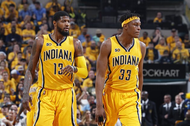 INDIANAPOLIS, IN - APRIL 20: Paul George #13 and Myles Turner #33 of the Indiana Pacers look on against the Cleveland Cavaliers in game three of the Eastern Conference Quarterfinals during the 2017 NBA Playoffs at Bankers Life Fieldhouse on April 20, 2017 in Indianapolis, Indiana. The Cavaliers defeated the Pacers 119-114 to take a 3-0 lead in the series. NOTE TO USER: User expressly acknowledges and agrees that, by downloading and or using the photograph, User is consenting to the terms and conditions of the Getty Images License Agreement. (Photo by Joe Robbins/Getty Images)