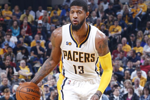 INDIANAPOLIS, IN - APRIL 23: Paul George #13 of the Indiana Pacers handles the ball against the Cleveland Cavaliers in Game Four of the Eastern Conference Quarterfinals during the 2017 NBA Playoffs at Bankers Life Fieldhouse on April 23, 2017 in Indianapolis, Indiana. The Cavaliers defeated the Pacers 106-102 to sweep the series 4-0. NOTE TO USER: User expressly acknowledges and agrees that, by downloading and or using the photograph, User is consenting to the terms and conditions of the Getty Images License Agreement. (Photo by Joe Robbins/Getty Images)
