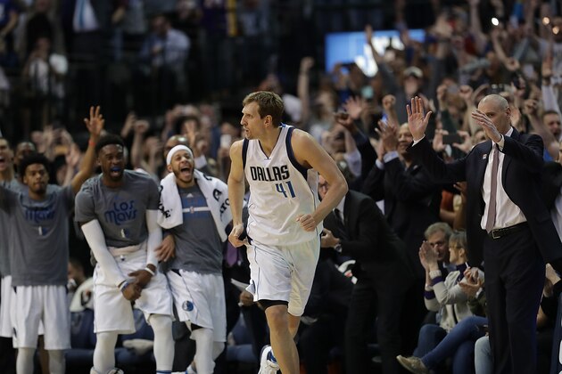 DALLAS, TX - MARCH 07:  Dirk Nowitzki #41 of the Dallas Mavericks runs down court after scoring his 30,000 career point in the second quarter against the Los Angeles Lakers at American Airlines Center on March 7, 2017 in Dallas, Texas.  NOTE TO USER: User expressly acknowledges and agrees that, by downloading and/or using this photograph, user is consenting to the terms and conditions of the Getty Images License Agreement.  (Photo by Ronald Martinez/Getty Images)