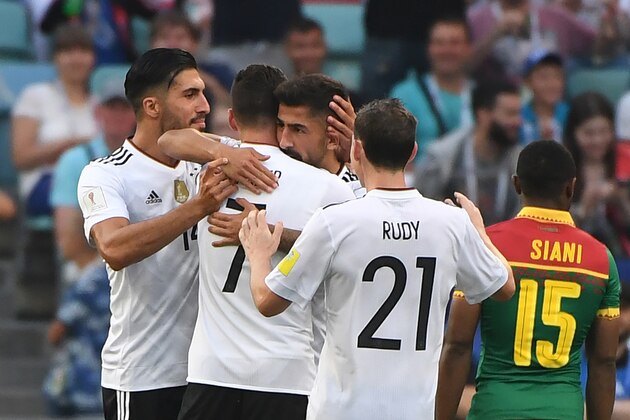 Germany's players celebrate a goal during the 2017 FIFA Confederations Cup group B football match between Germany and Cameroon at the Fisht Stadium Stadium in Sochi on June 25, 2017. / AFP PHOTO / Patrik STOLLARZ        (Photo credit should read PATRIK STOLLARZ/AFP/Getty Images)
