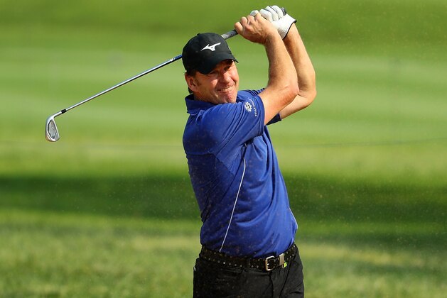 JOHANNESBURG, SOUTH AFRICA - JANUARY 13:  Sir Nick Faldo of England hits his second shot on the 16th hole during day two of The BMW South African Open Championship at Glendower Golf Club on January 13, 2017 in Johannesburg, South Africa.  (Photo by Warren Little/Getty Images)