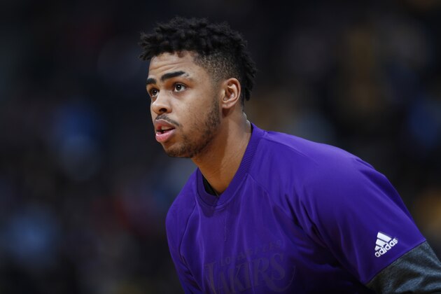 Los Angeles Lakers guard D'Angelo Russell (1) in the first half of an NBA basketball game Monday, March 13, 2017, in Denver. (AP Photo/David Zalubowski)