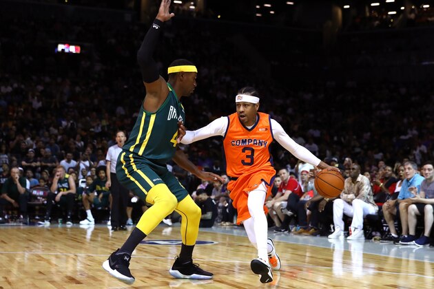 NEW YORK, NY - JUNE 25:  Allen Iverson #3 of 3's Company handles the ball against Derrick Byars #4 of the Ball Hogs during week one of the BIG3 three on three basketball league at Barclays Center on June 25, 2017 in New York City.  (Photo by Al Bello/Getty Images)