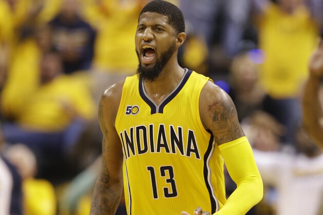 Indiana Pacers' Paul George reacts during the first half in Game 3 of a first-round NBA basketball playoff series against the Cleveland Cavaliers,Thursday, April 20, 2017, in Indianapolis. (AP Photo/Michael Conroy)