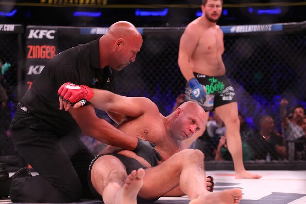 Jun 24, 2017; New York, NY, USA; Fedor Emelianenko (red gloves) fights Matt Mitrione (blue gloves) during Bellator NYC at Madison Square Garden. Mandatory Credit: Ed Mulholland-USA TODAY Sports