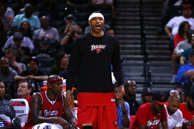 NEW YORK, NY - JUNE 25:  Kenyon Martin #4 of Trilogy reacts from the bench against the Killer 3s during week one of the BIG3 three on three basketball league at Barclays Center on June 25, 2017 in New York City.  (Photo by Mike Stobe/Getty Images)