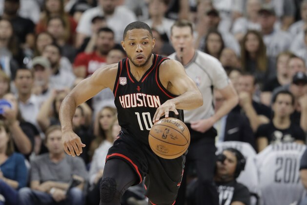 Houston Rockets guard Eric Gordon (10) during the first half in a second-round NBA playoff series basketball game against the San Antonio Spurs, Monday, May 1, 2017, in San Antonio. (AP Photo/Eric Gay)