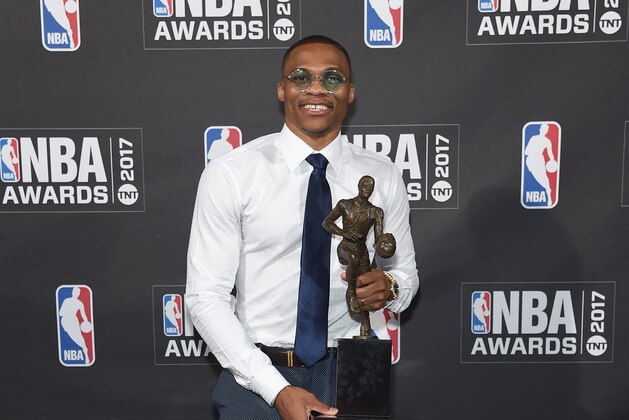 NEW YORK, NY - JUNE 26:  NBA player Russell Westbrook poses with the Kia NBA Most Valuable Player award at attends the 2017 NBA Awards live on TNT on June 26, 2017 in New York, New York. 27111_003  (Photo by Jamie McCarthy/Getty Images for TNT)
