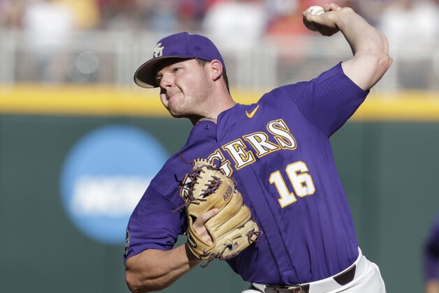 LSU pitcher Jared Poche' works against Florida State during the first inning of an NCAA College World Series baseball game in Omaha, Neb., Wednesday, June 21, 2017. (AP Photo/Nati Harnik)